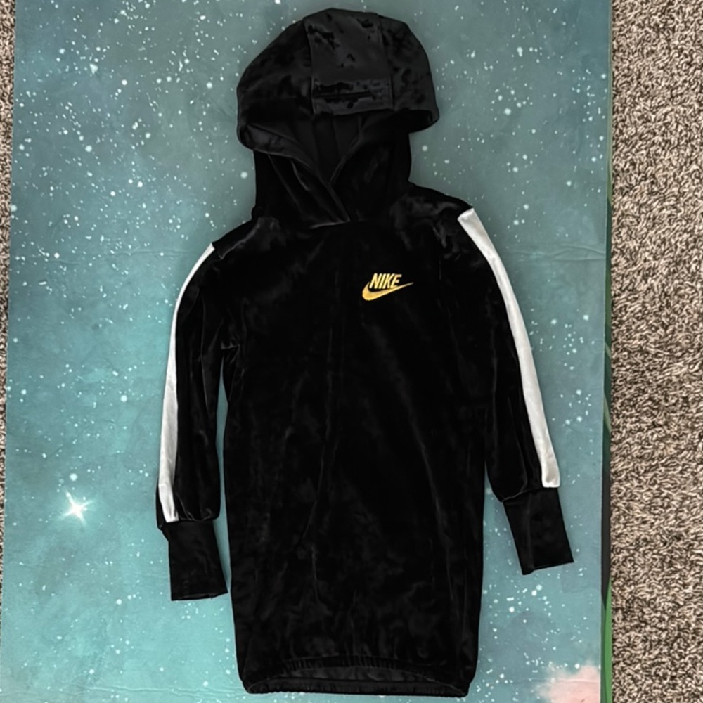 Nike Black crushed velvet Sweatshirt dress tunic with White Stripes 3t